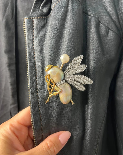 Vintage Abalone Pearl Insect Brooch with Diamonds