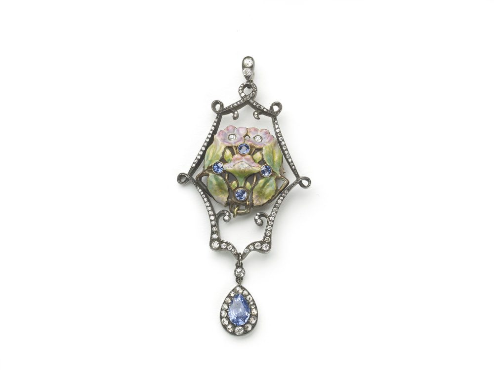 Enamel, Sapphire, Diamond and Pearl Pendant Brooch