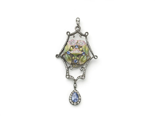 Enamel, Sapphire, Diamond and Pearl Pendant Brooch