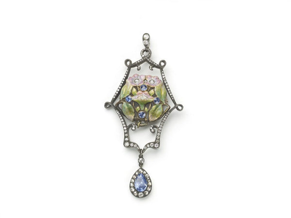 Enamel, Sapphire, Diamond and Pearl Pendant Brooch