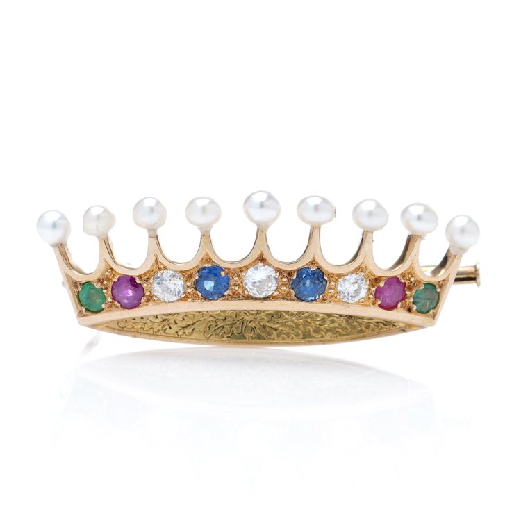 Art Deco French 18ct Yellow Gold Crown Brooch with Multiple Gemstones and Pearls; set with old-cut diamonds, rubies, sapphires and emeralds, topped with natural pearls