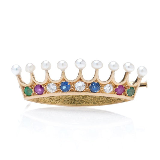 Art Deco French 18ct Yellow Gold Crown Brooch with Multiple Gemstones and Pearls; set with old-cut diamonds, rubies, sapphires and emeralds, topped with natural pearls