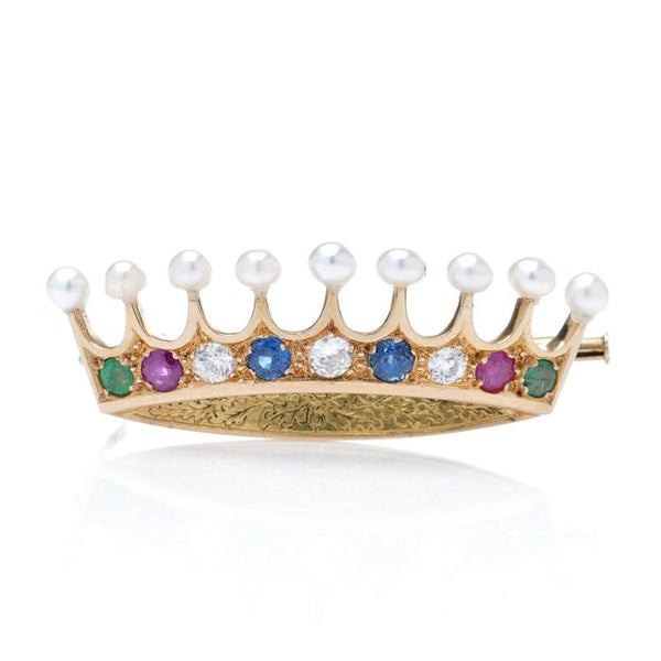 Art Deco French 18ct Yellow Gold Crown Brooch with Multiple Gemstones and Pearls; set with old-cut diamonds, rubies, sapphires and emeralds, topped with natural pearls