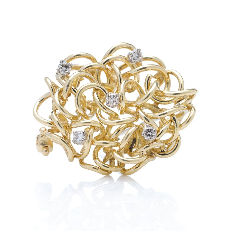 Alan Martin Gard Vintage 18ct Yellow Gold Brooch with 0.35cts, Signed, Made in England, London 1977