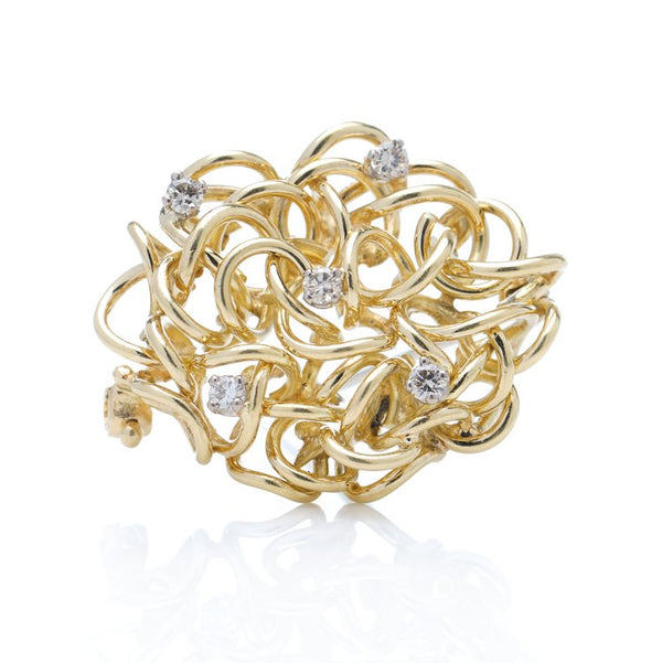 Alan Martin Gard Vintage 18ct Yellow Gold Brooch with 0.35cts, Signed, Made in England, London 1977