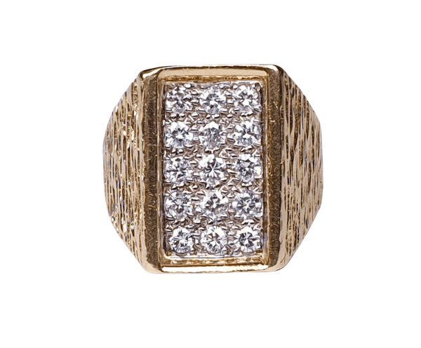 Vintage 1960s Retro Diamond and Textured Gold Dress Ring; fifteen brilliant-cut diamonds arranged into three rows, 0.70 carats, chunky textured 18ct yellow gold shank