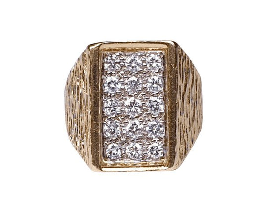 Vintage 1960s Retro Diamond and Textured Gold Dress Ring; fifteen brilliant-cut diamonds arranged into three rows, 0.70 carats, chunky textured 18ct yellow gold shank
