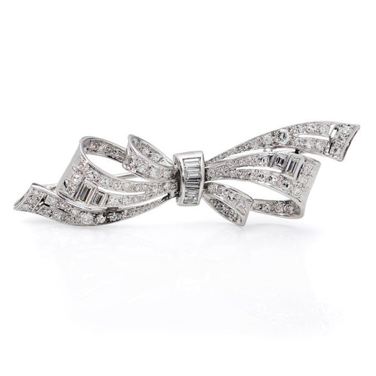 Vintage 1940s Brilliant and Baguette Diamond Bow Brooch, 2.56 carat total