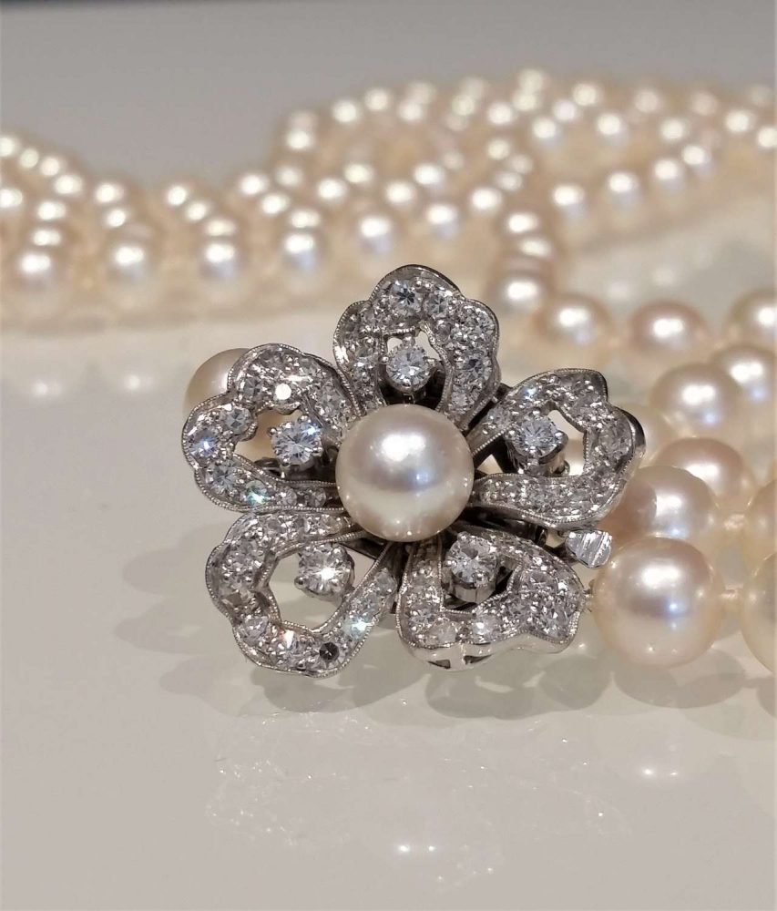 Vintage Double Row Akoya Pearl Necklace with Diamond Flower Clasp