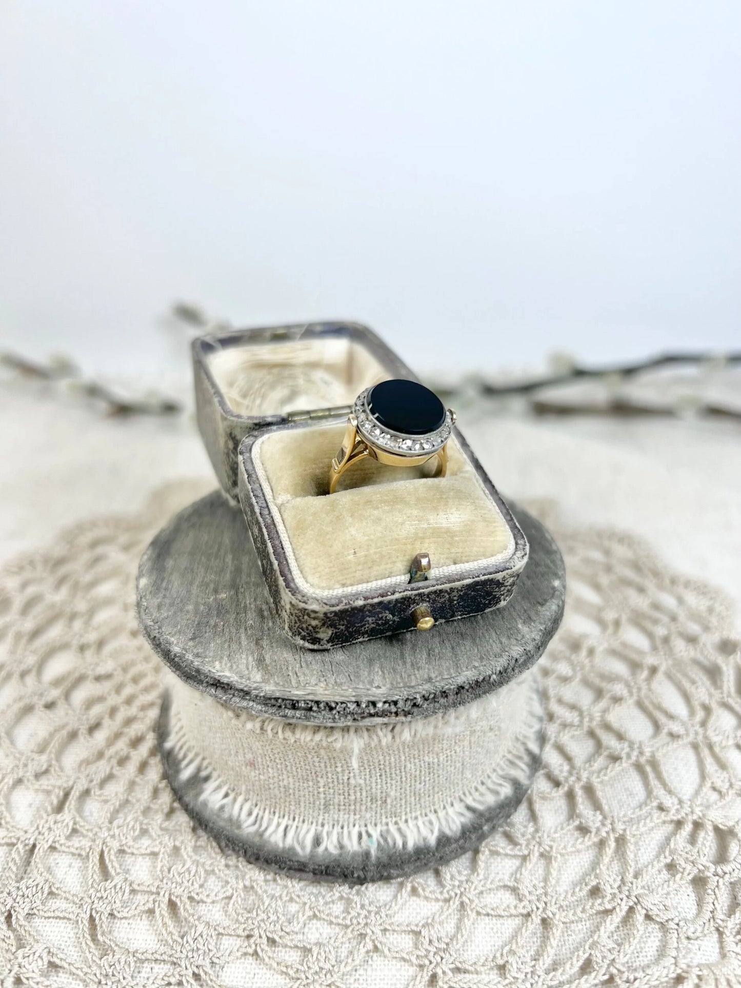 Art Deco Vintage Onyx and Diamond Halo Cluster Target Ring