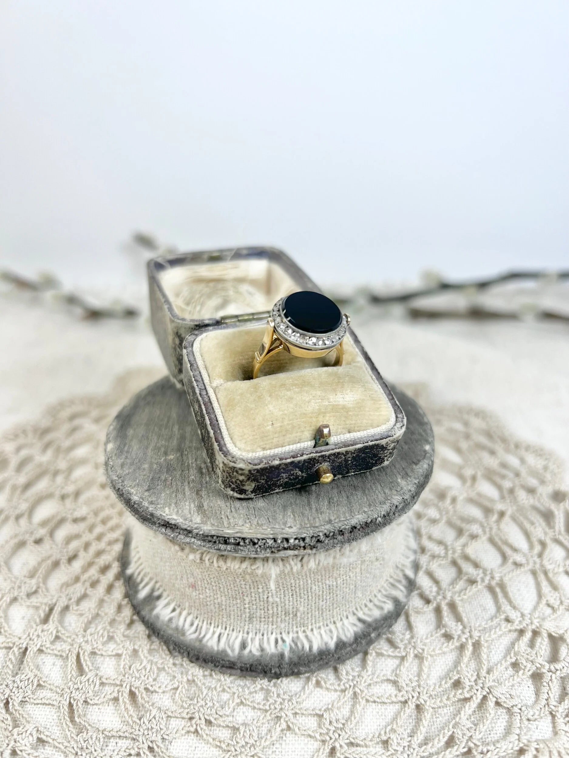 Art Deco Vintage Onyx and Diamond Halo Cluster Target Ring