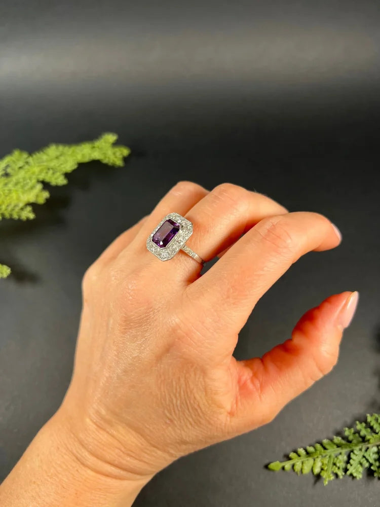 Antique Art Deco Amethyst and Diamond Rectangular Cluster Engagement Ring