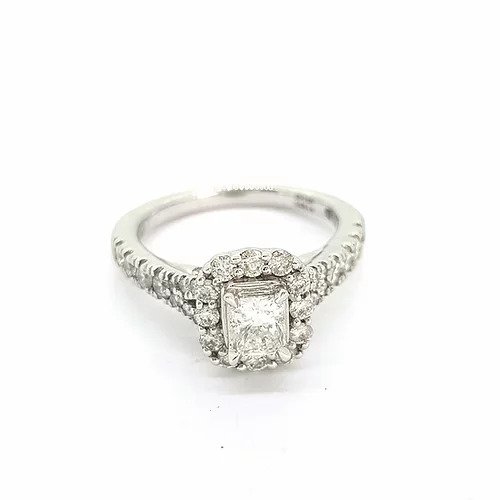 Princess Cut Diamond Cluster Ring; princess-cut diamond surrounded by a diamond halo, diamond set shoulders, 0.85 carat total, in platinum