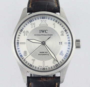 IWC Mark XVI 39mm Automatic Stainless Steel 39mm Watch; silver dial with white surround, date indicator, screwdown crown, luminescent hands and sapphire crystal. On an IWC brown leather strap with steel pin buckle. With IWC Box