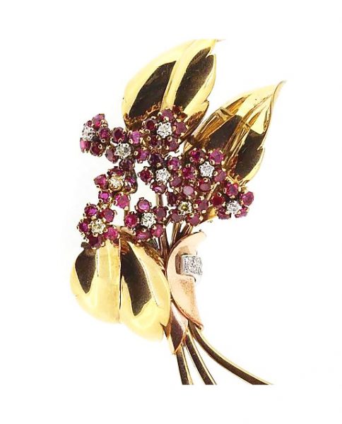 Vintage 1940's Ruby and Diamond Floral Spray Brooch in 14ct Yellow Gold; Each flower has a central diamond with ruby set petals. Circa 1940's.
