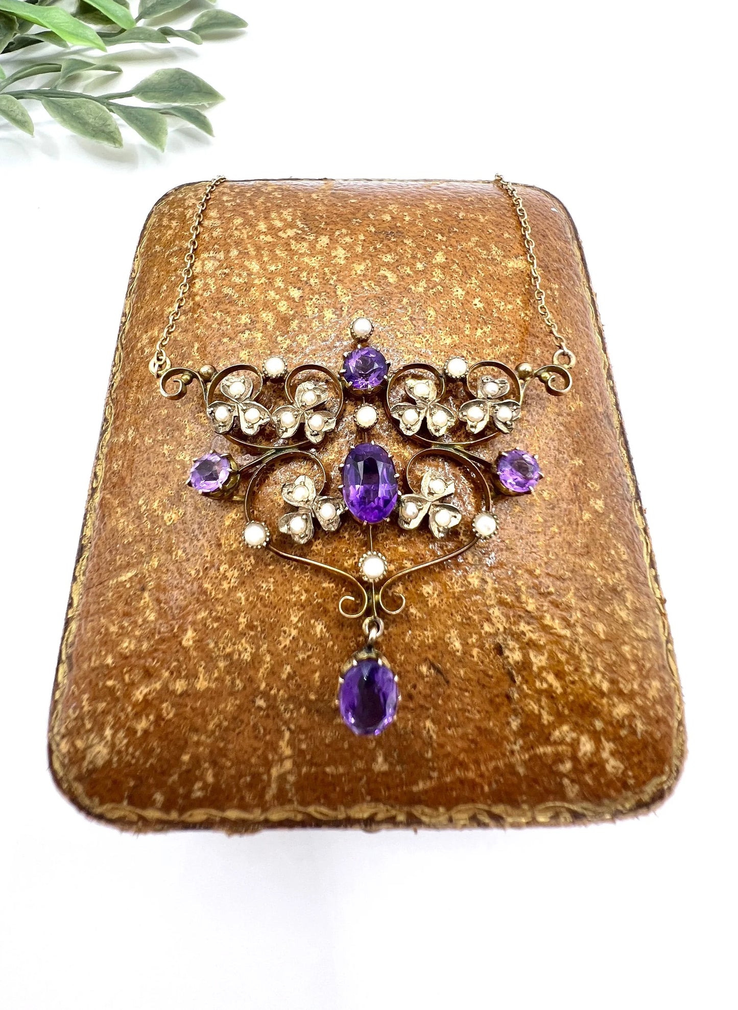 Antique 9 Carat Rose Gold Amethyst and Seed Pearl Pendant Necklace