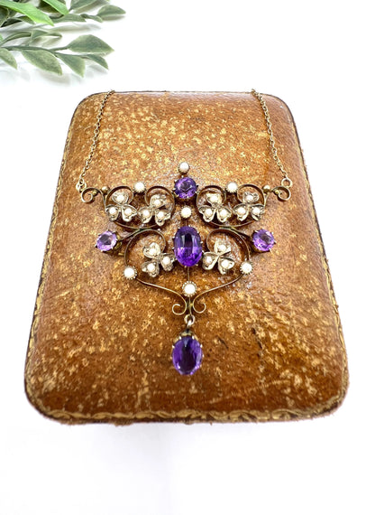 Antique 9 Carat Rose Gold Amethyst and Seed Pearl Pendant Necklace