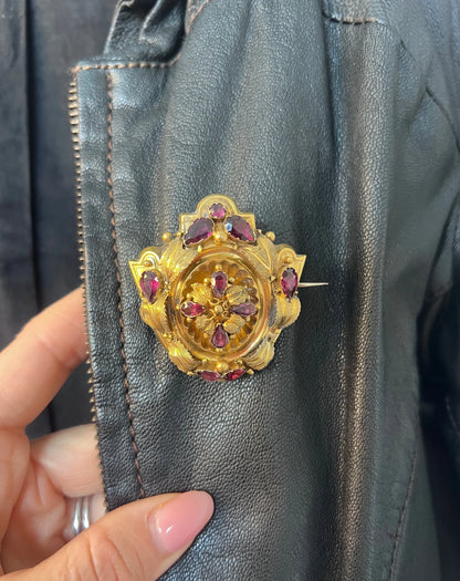 Antique 15ct Gold, Victorian Almandine Garnet Etruscan Design, Locket Back Brooch