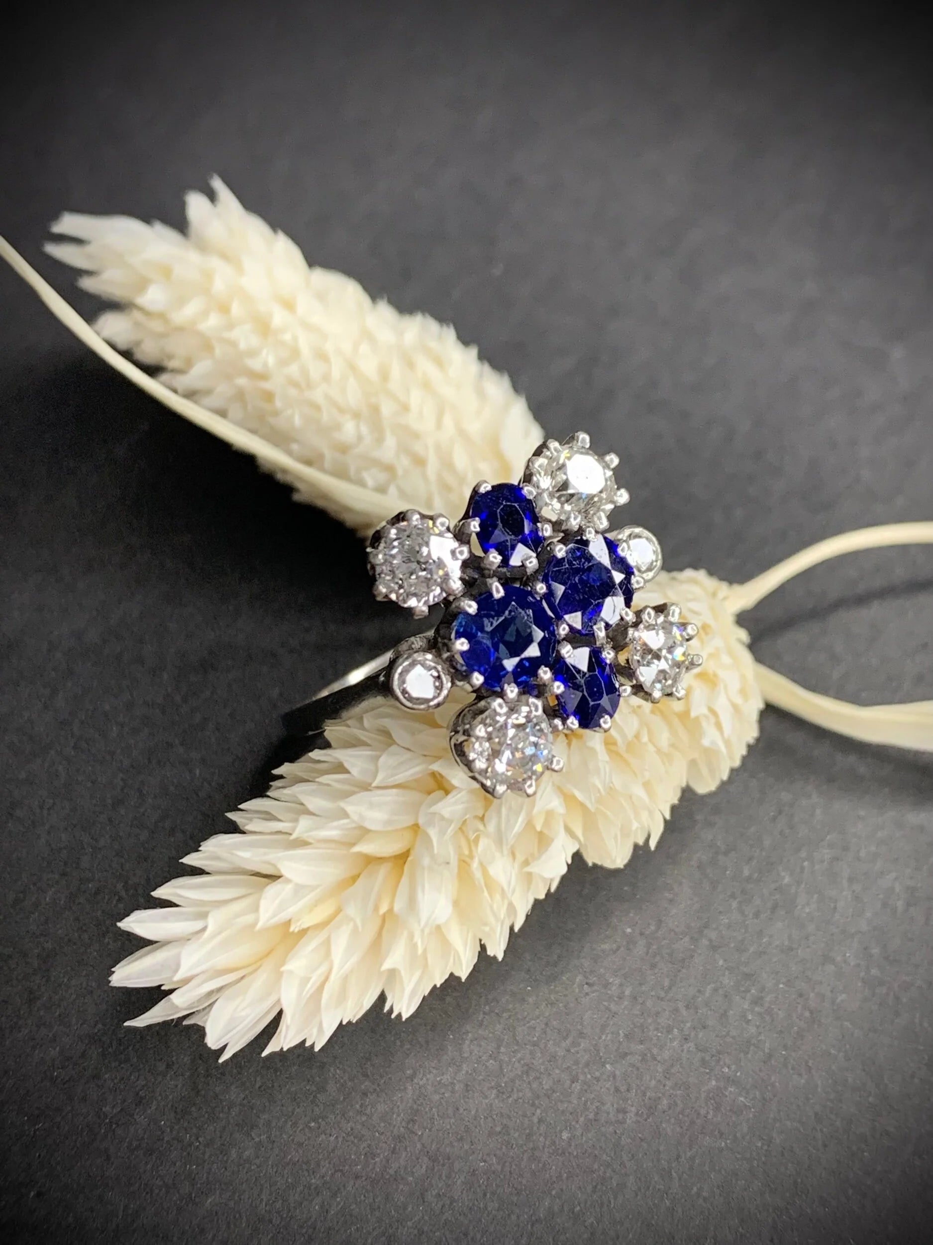 Vintage 1940s Sapphire and Diamond Cluster Ring