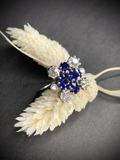 Vintage 1940s Sapphire and Diamond Cluster Ring