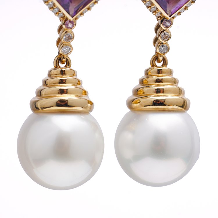 Vintage Amethyst and Pearl Drop Earrings with Diamonds