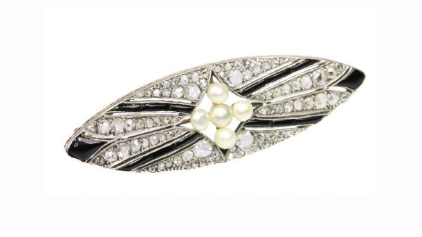Vintage Art Deco Pearl Onyx and Diamond Brooch, Silver and Gold