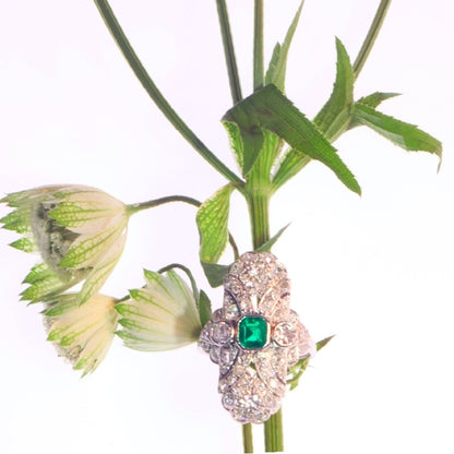 Antique Art Deco Emerald and Diamond Tablet Ring