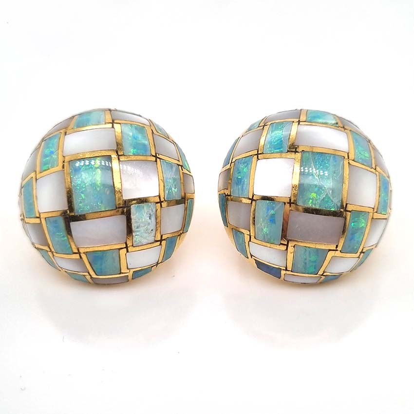Tiffany and Co Opal and Mother of Pearl checker board Set 18ct Yellow Gold Domed Disc Earrings with post and clip fittings