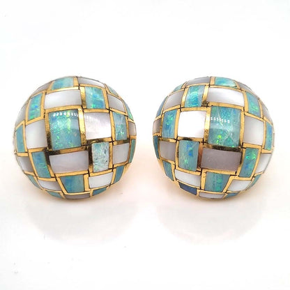 Tiffany and Co Opal and Mother of Pearl checker board Set 18ct Yellow Gold Domed Disc Earrings with post and clip fittings