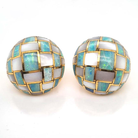 Tiffany and Co Opal and Mother of Pearl checker board Set 18ct Yellow Gold Domed Disc Earrings with post and clip fittings