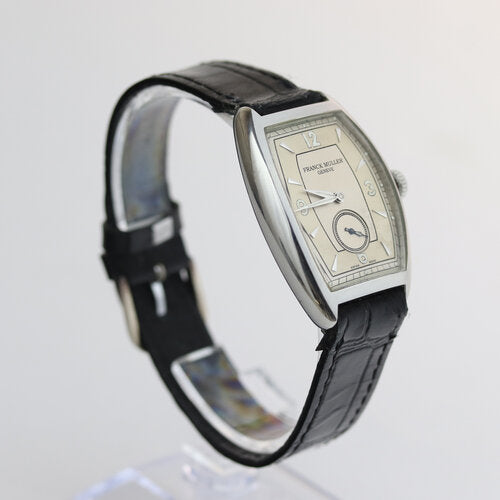 Franck Muller Havana 2852 Manual 30mm Steel Watch; silver dial, Arabic numerals, small seconds sub-dial, black leather strap with steel buckle