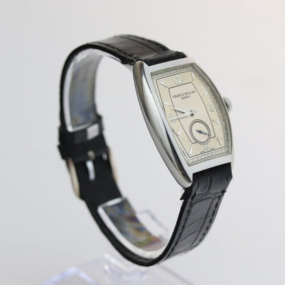 Franck Muller Havana 2852 Manual 30mm Steel Watch; silver dial, Arabic numerals, small seconds sub-dial, black leather strap with steel buckle