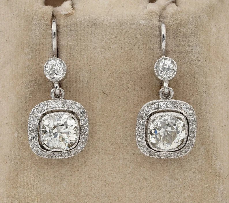 Vintage Estate Old Mine Cut Diamond Drop Earrings, 4.25 carat total
