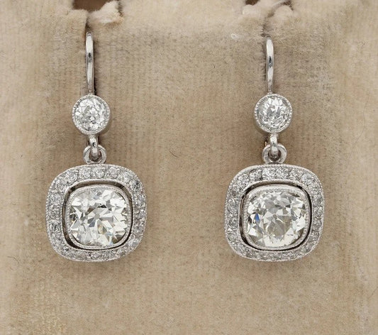 Vintage Estate Old Mine Cut Diamond Drop Earrings, 4.25 carat total
