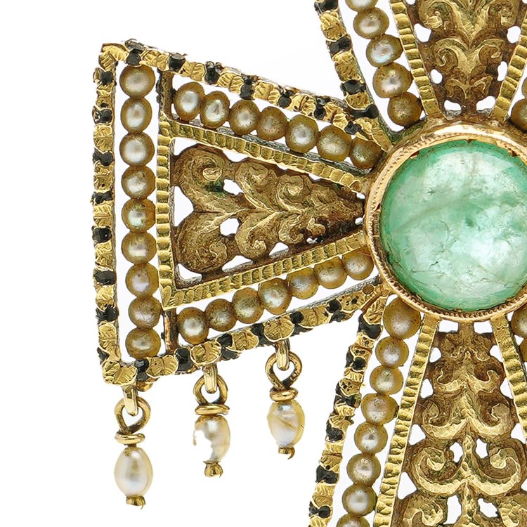 Byzantine Inspired 18ct Gold, Emerald and Seed Pearl Cross Pendant