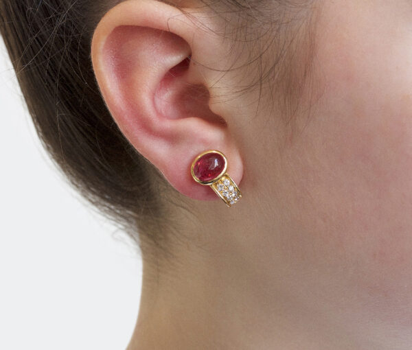 Vintage Bulgari Pink Tourmaline, Diamond and 20ct Yellow Gold Clip On Earrings; set with oval cabochon cut pink tourmalines, Signed, c.1980