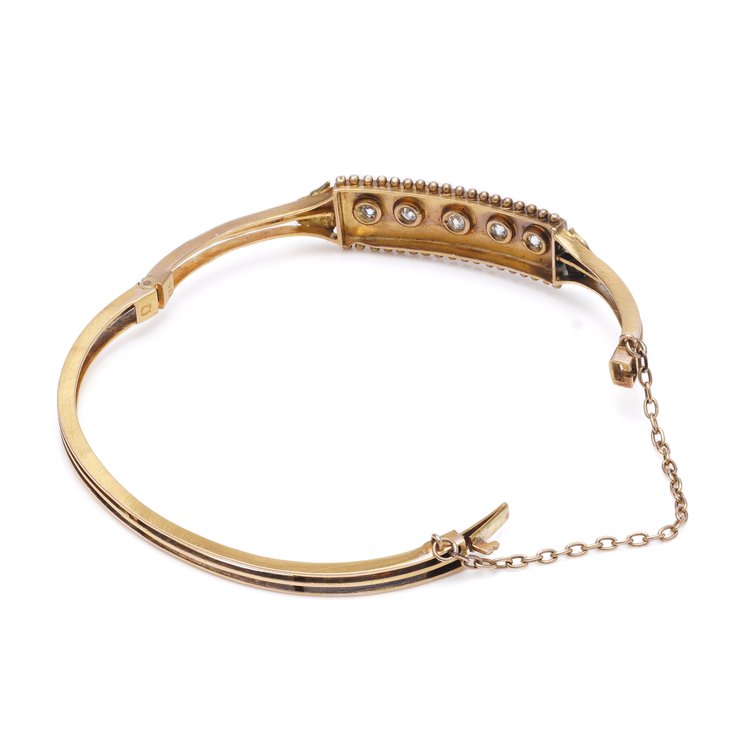 Antique Natural Pearl and Old Cut Diamond 15ct Gold Bangle Bracelet