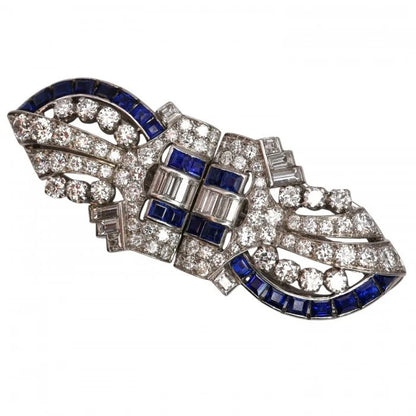 Art Deco Tiffany and Co Sapphire Diamond and Platinum Double Clip Brooch