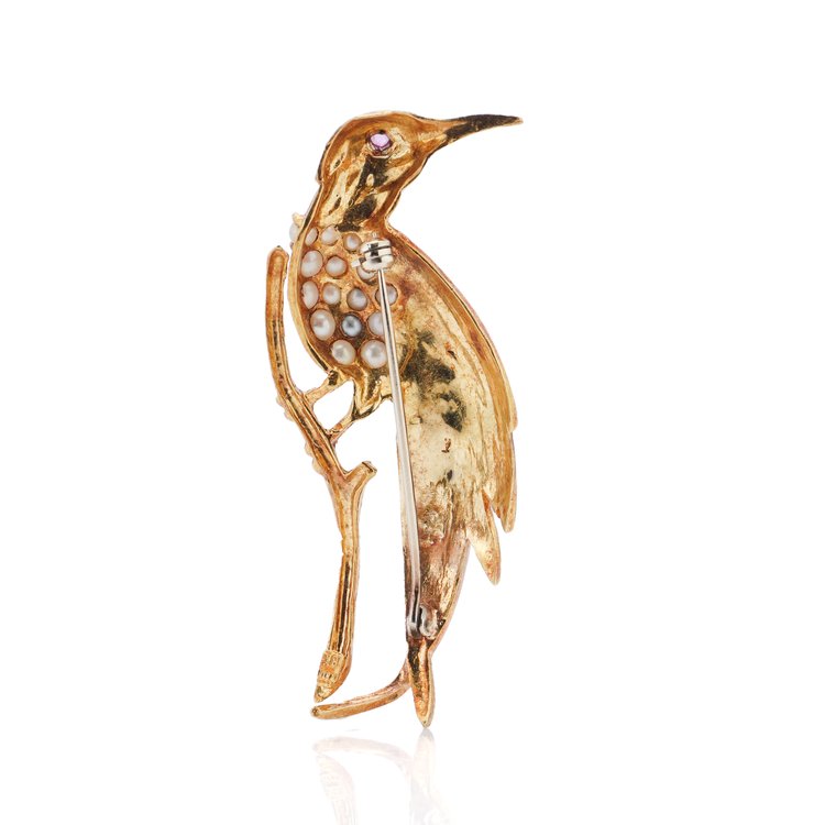 Vintage 18ct Yellow Gold and Enamel Bird Brooch with Pearls