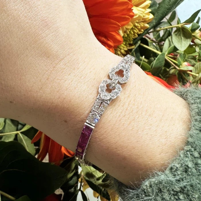 Art Deco Ruby and Diamond Line Bracelet in Platinum