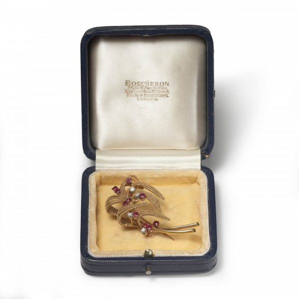 Vintage Boucheron Ruby, Diamond and Gold Floral Spray Brooch