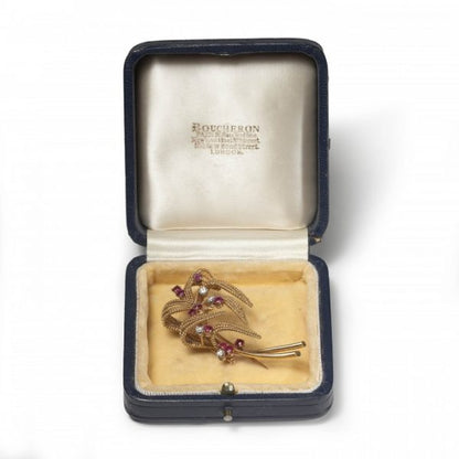 Vintage Boucheron Ruby, Diamond and Gold Floral Spray Brooch