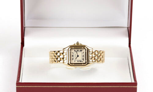 Cartier Panthère Ladies 18ct Yellow Gold 22mm Quartz Bracelet Watch, square white dial, Roman numerals, blue steel hands, sapphire glass, blue cabochon gem set crown, 18ct yellow gold bracelet with concealed double deployant clasp