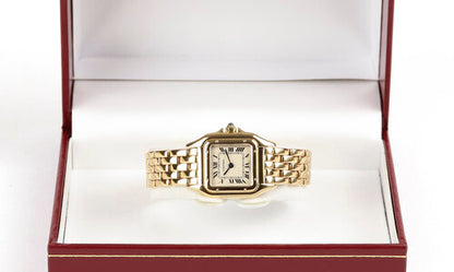 Cartier Panthère Ladies 18ct Yellow Gold 22mm Quartz Bracelet Watch, square white dial, Roman numerals, blue steel hands, sapphire glass, blue cabochon gem set crown, 18ct yellow gold bracelet with concealed double deployant clasp