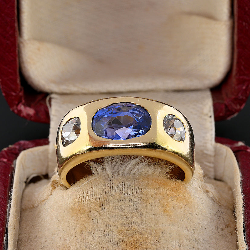 Vintage Certified 2.10ct Ceylon No Heat Sapphire and Diamond Three Stone Gypsy Ring in Chunky 18ct Yellow Gold Band