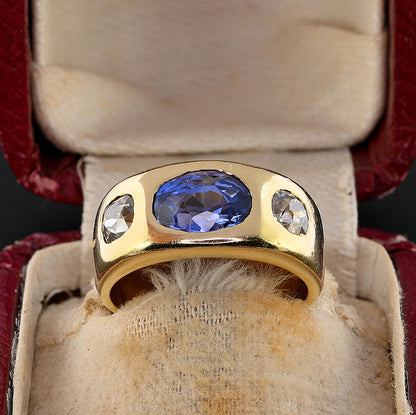 Vintage Certified 2.10ct Ceylon No Heat Sapphire and Diamond Three Stone Gypsy Ring in Chunky 18ct Yellow Gold Band