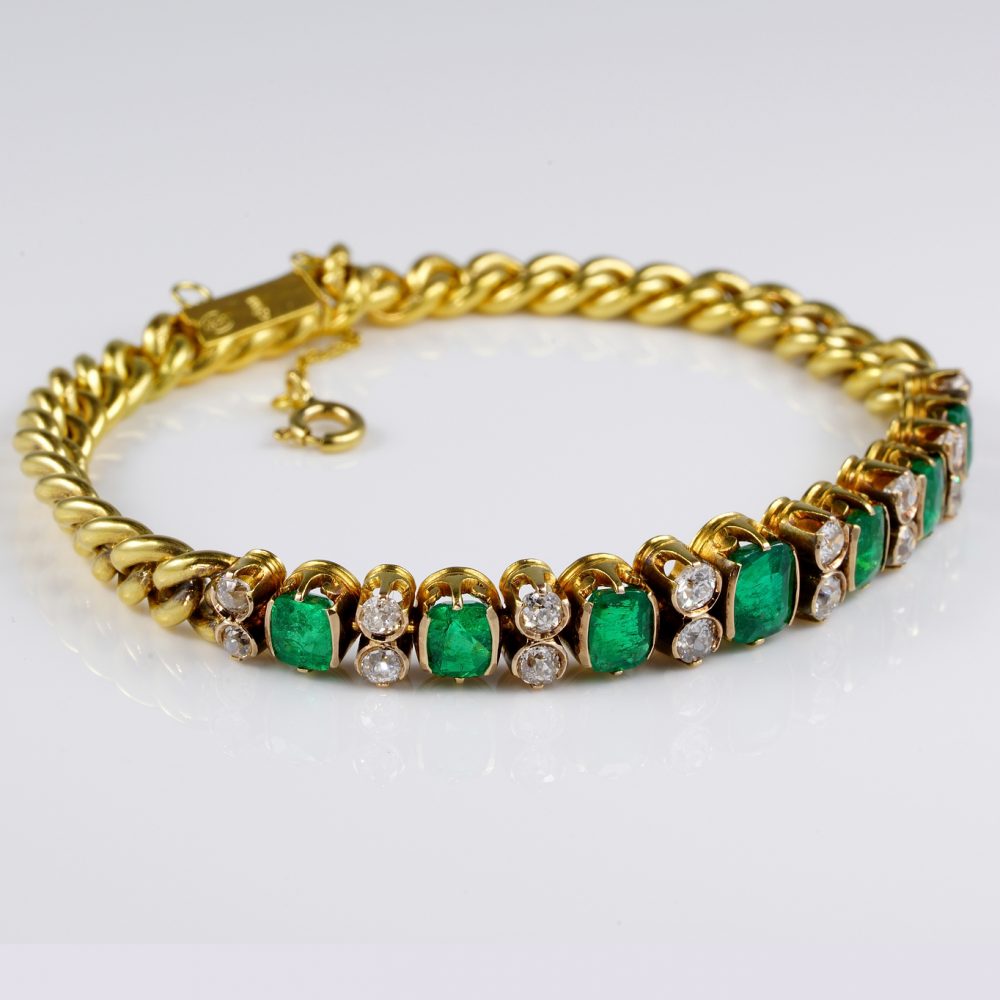 Antique Victorian 6ct Colombian Emerald and Diamond Set Curb Bracelet