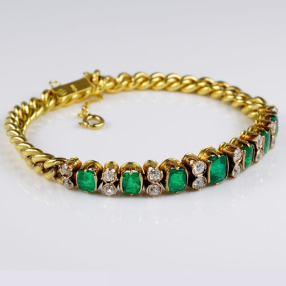 Antique Victorian 6ct Colombian Emerald and Diamond Set Curb Bracelet