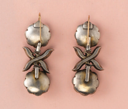 18th Century Imperial Topaz Cluster Drop Earrings, set in silver and backed with foil, decorated with flowers and bows, gold hooks. Portugal, circa 1750.