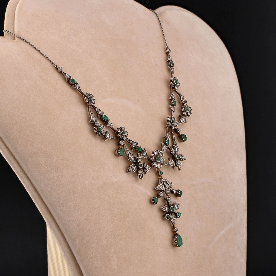 Victorian Antique Emerald and Diamond Floral Cluster Necklace in original antique fitted box
